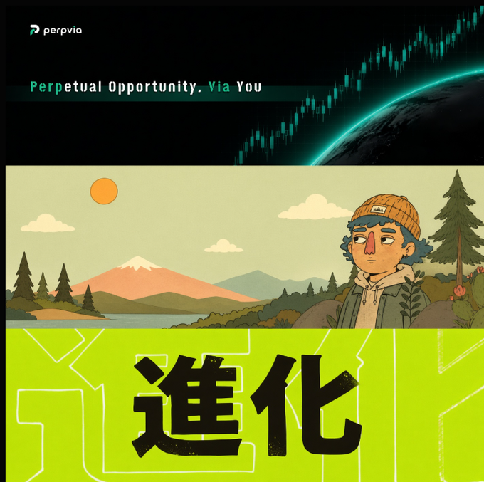 A 'perpvia' promotional graphic with the text 'Perpetual Opportunity. Via You' at the top, featuring a stock chart over Earth, and the bottom section shows a character looking at a mountain landscape with the Japanese text '進化' (evolution).