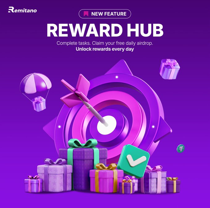 A purple promotional graphic for 'Remitano' advertising a 'NEW FEATURE REWARD HUB' with text reading 'Complete tasks. Claim your free daily airdrop. Unlock rewards every day.' alongside gift boxes and a target.