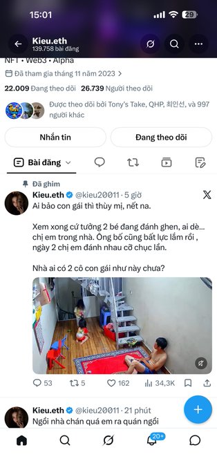 A Twitter/X post by Kieu.eth (@kieu20011) dated November 11, 2023, recounting an incident where a mother disciplined her two children by making them sit and watch her, with a photo attached showing the scene.