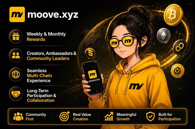 A promotional graphic for "moove.xyz" features an illustrated woman in a yellow hoodie and "mv" glasses holding a smartphone, surrounded by cryptocurrency coin icons (Bitcoin, Ethereum, Solana, etc.) and text highlighting features like "Weekly & Monthly Rewards," "Creators, Ambassadors & Community Leaders," "Seamless Multi-Chain Experience," and "Long-Term Participation & Collaboration."