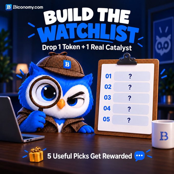 An advertisement for Biconomy.com titled 'BUILD THE WATCHLIST' features a 3D animated owl detective character, listing steps 01-05 with question marks and the text 'Drop 1 Token + 1 Real Catalyst' and '5 Useful Picks Get Rewarded'.