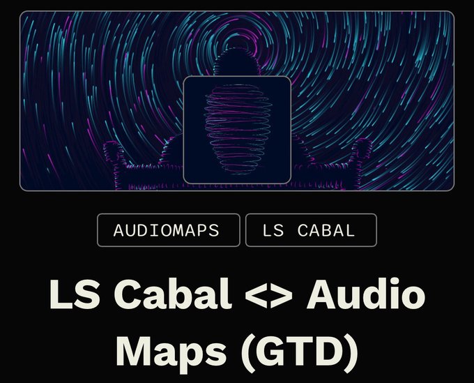 A promotional graphic for the "LS Cabal <> Audio Maps (GTD)" collection, featuring a dark, swirling neon visualization of human silhouettes overlaid with sound wave patterns. The design showcases the collaboration between Audiomaps and LS Cabal, highlighting their 1,000-supply on-chain art/music collection on Ethereum mainnet.