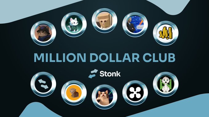The image showcases the "Million Dollar Club" by Stonk, featuring circular icons of meme coins and crypto projects (including Doge and Floki), with an accompanying post celebrating the achievement of reaching 2,147 members in the club.