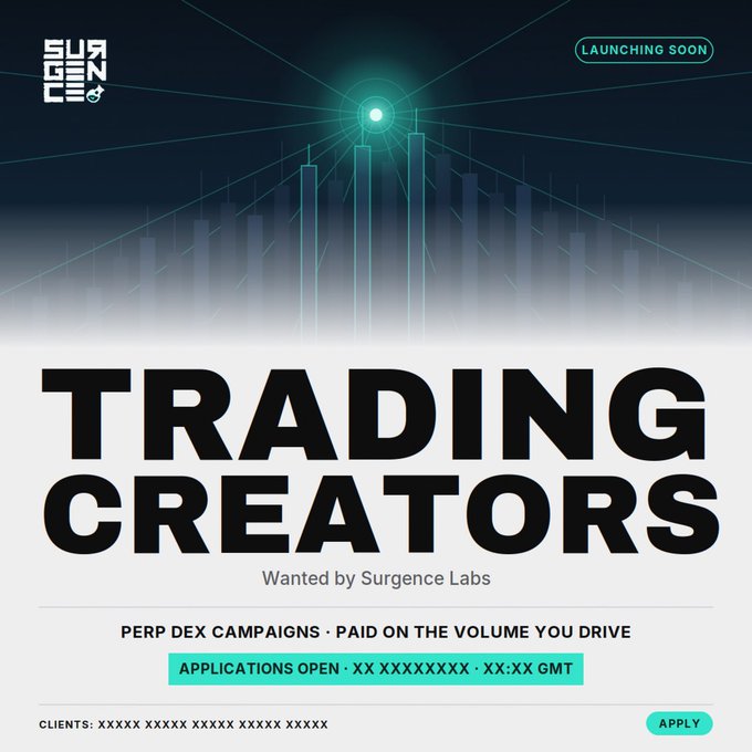 A promotional graphic from Surgence Labs announcing 'TRADING CREATORS' with 'LAUNCHING SOON', 'PERP DEX CAMPAIGNS - PAID ON THE VOLUME YOU DRIVE', and 'APPLICATIONS OPEN' text.