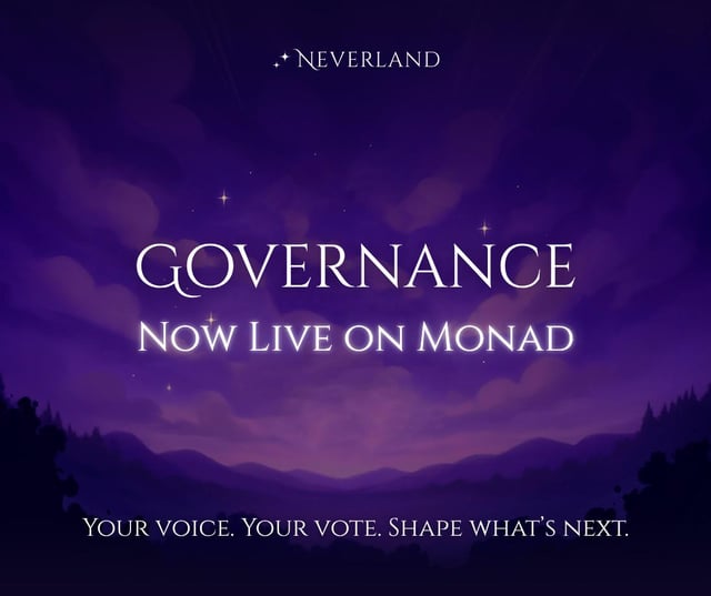 The image features a purple sky with stars, suggesting that it was taken at night or during a clear evening. Below this sky, there are words written in white text that read "Governance" followed by "Now Live On Monad". The phrase "Your Voice, Your Vote, Shape What's Next" is also present on the image. This combination of elements creates an artistic and visually appealing scene that complements the post about governance and live streaming.