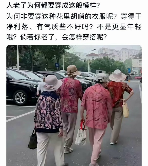 Chinese text criticizing elderly people's fashion choices: '人老了为何都要穿成这般模样？为何非要穿这种花里胡哨的衣服呢？' (Why do older people dress like this? Why wear such flashy clothes?) over a photo of elderly women in pink/red patterned outfits and sun hats.