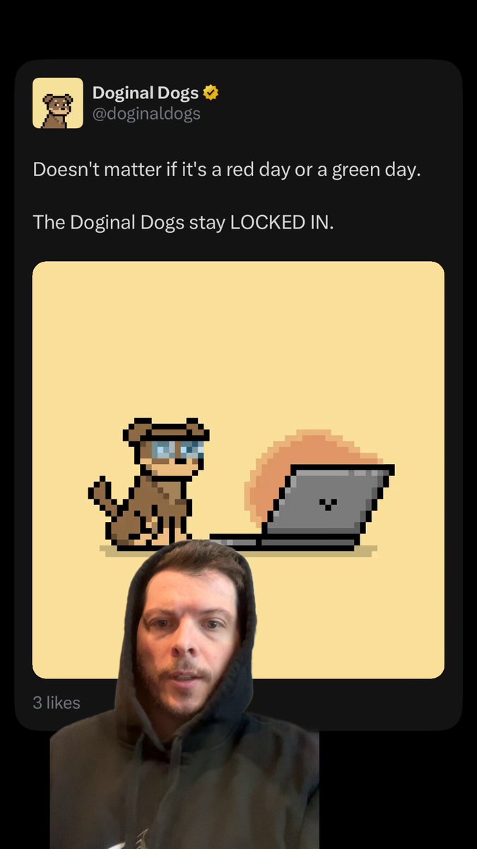 The image features a man wearing a hoodie, with his face partially visible behind him. He has a laptop open in front of him, which appears to be a cartoon dog character or a similar image. The caption below the image reads "Doginal Dogs show up everyday and keep building". This message is related to the post on social media by Doginal Dogs, as it references the man's own experience with his pet dog.