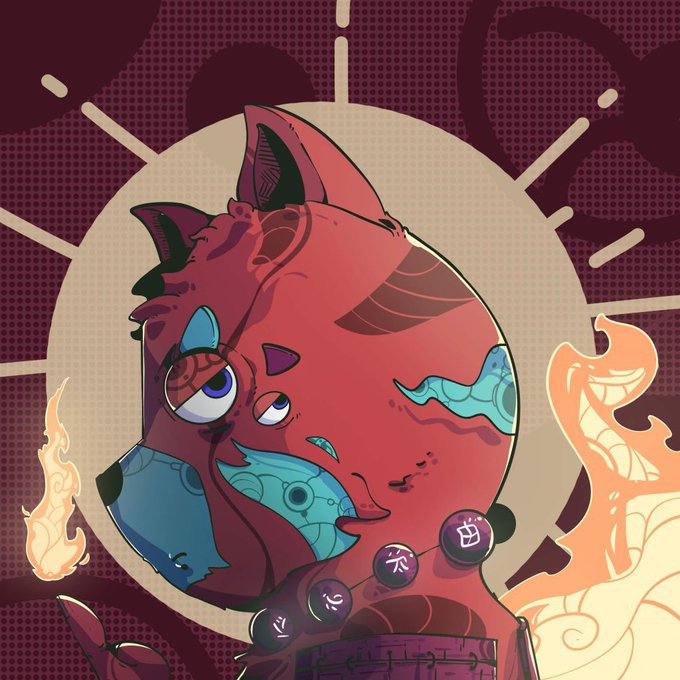A vibrant, stylized red fox or wolf-like character with blue tribal markings, wearing a beaded necklace with Japanese characters, set against a halo and flame motif background.