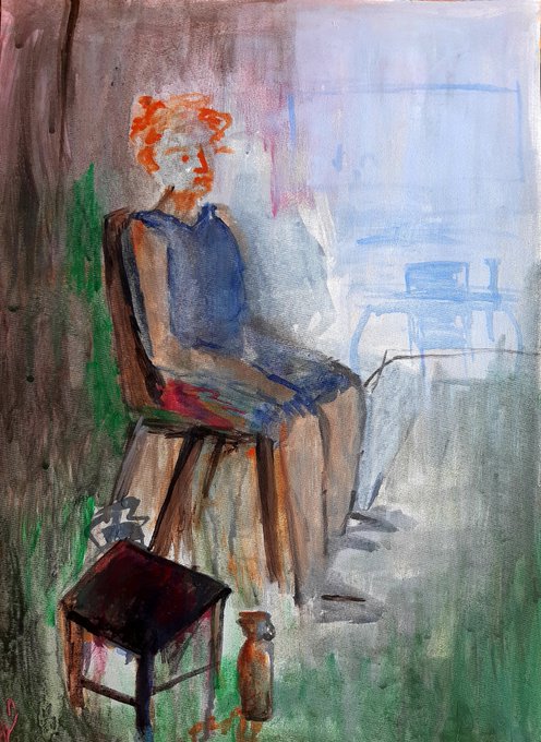 An expressionistic watercolor painting depicts a seated figure with orange hair and a blue shirt, with a small cat and vase at their feet, rendered in loose, colorful brushstrokes.