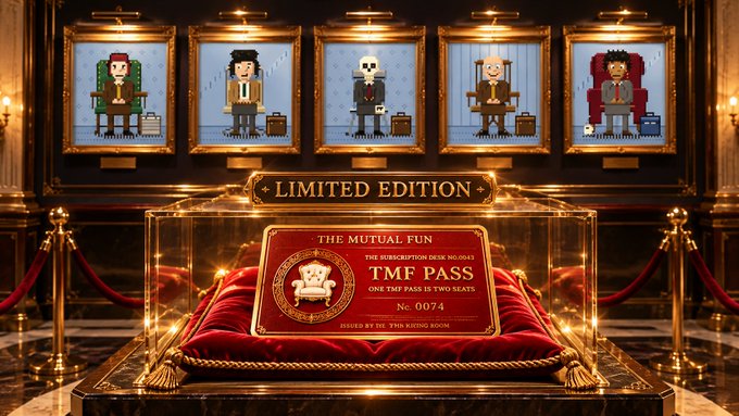 A 'LIMITED EDITION' display showcases a 'TMF PASS' subscription box valued at $675, presented on a red velvet cushion inside a glass case, with pixel-art portraits of four men in suits hanging on the wall behind it.