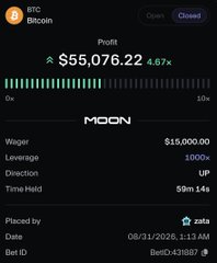 A trading app screenshot showing a BTC Bitcoin position with a profit of $55,076.22 (4.67x), placed by 'zaifa' on 08/31/2026 with a 1000x leverage.