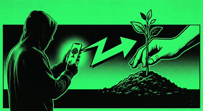 A green-tinted illustration depicts a hooded figure on a smartphone transferring digital energy (symbolized by an arrow) to a hand planting a growing seedling.