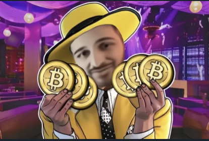 A cartoon illustration shows a man in a yellow hat and suit holding Bitcoin coins, with a vibrant purple-lit restaurant or lounge in the background. The Bitcoin imagery visually reinforces the post's theme of crypto rewards, trading competitions, and point-based incentives ($MON/mpoints, $100k competition) offered by @tread_fi.