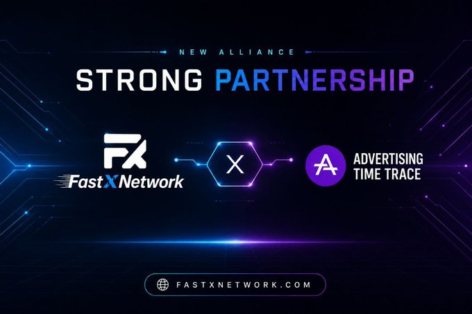 A promotional graphic announcing a 'NEW ALLIANCE' and 'STRONG PARTNERSHIP' between FastXNetwork and Advertising Time Trace, with the website fastxnetwork.com displayed.