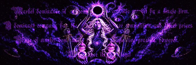A dark, gothic-style illustration in purple and black depicts a woman holding an eclipse above her head, flanked by skulls and swords, with partially obscured text about a "Fearful Dominion of God."