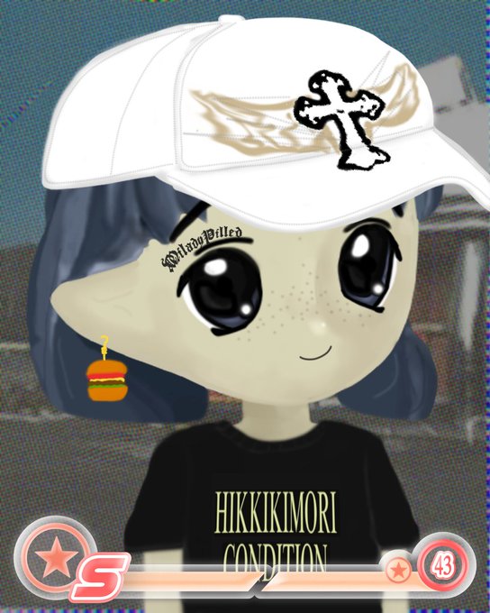 An animated character wearing a white cap with a cross design and wing graphics has a forehead tattoo reading 'LadyPilled', a hamburger earring, and a black shirt reading 'HIKKIKIMORI CONDITION'.