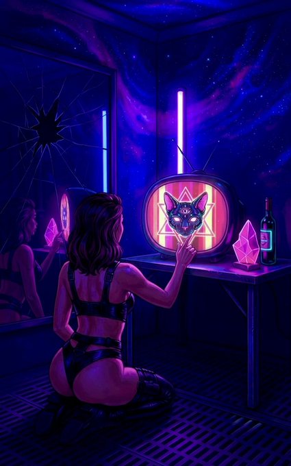 In this image, a woman dressed in black leather attire is kneeling before an old-fashioned television set, pointing at an eerie glowing cat face with a third eye depicted on the screen. The room's ambiance is set by the use of neon lights casting a purple hue, and there is a wine bottle on the table, suggesting a contemplative solitude that corresponds with the post's caption, "Alone."