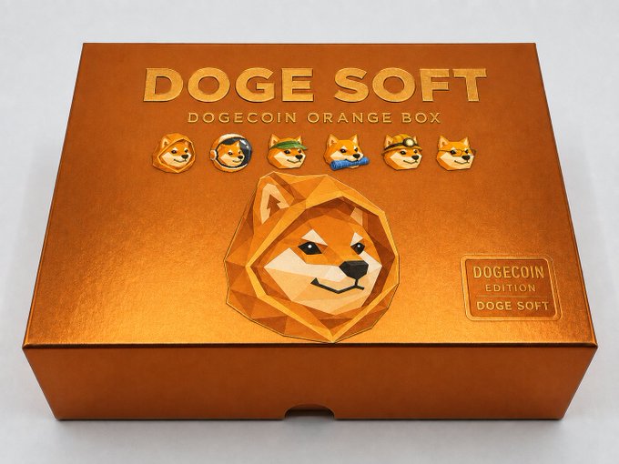 An orange box labeled 'DOGE SOFT - DOGECOIN ORANGE BOX' featuring Shiba Inu dog illustrations and a Dogecoin coin design.