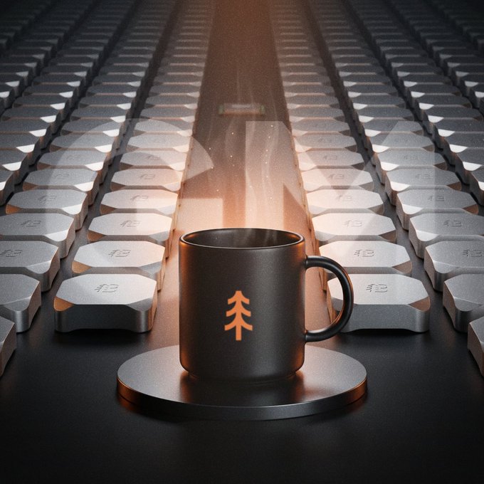 A dark metal mug with an orange tree/pine symbol sitting on a coaster among rows of dumbbells in a gym setting.