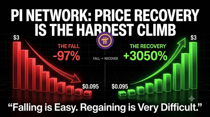 The infographic titled "PI NETWORK: PRICE RECOVERY IS THE HARDEST CLIMB" contrasts PI's 97% price crash from $3 to $0.095 (shown in red) with the 3,050% gain required to recover to $3 (shown in green), reinforcing the post's message that "Falling is Easy. Regaining is Very Difficult" and urging @PiCoreTeam to deliver utility to restore $PI's value.