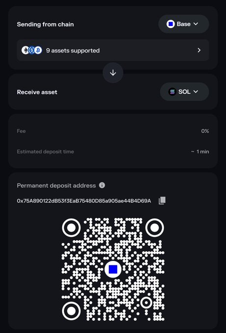 A mobile cryptocurrency wallet interface showing a transaction to send assets from the Base chain to receive SOL, with 0% fee, ~1 min estimated deposit time, and a QR code displayed for the permanent deposit address starting with '0x75A890122dB53f3EaB75480D85a905ae44B4D69A'.