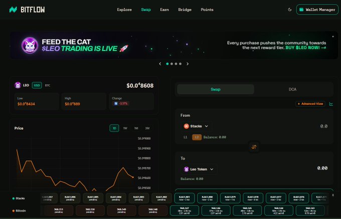 A screenshot of the Bitflow decentralized exchange interface displaying the $LEO token trading page against Stacks, showing a price chart and swap interface.