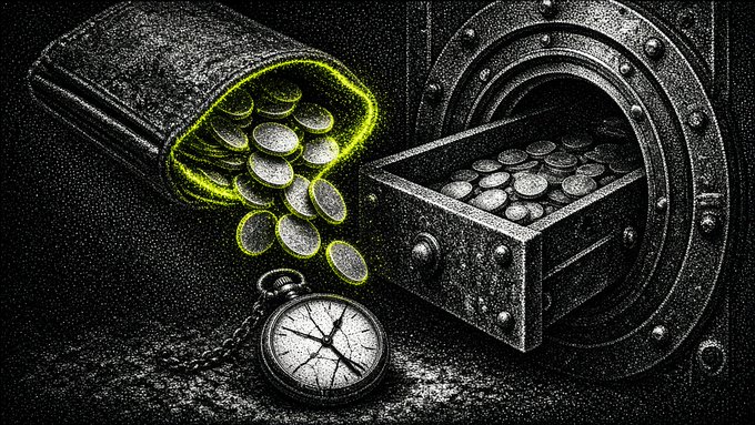 A stylized illustration showing coins spilling from a pouch into a bank vault, accompanied by a pocket watch, rendered in high-contrast black and white with neon green highlights.