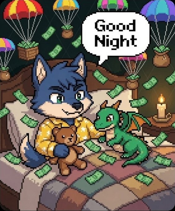 Pixel art shows a blue wolf character in star-patterned pajamas sitting on a bed with a teddy bear and green dragon, saying 'Good Night' while money falls from parachutes above.
