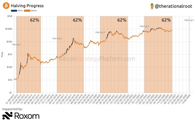 A logarithmic chart titled "Halving Progress" tracking the price of Bitcoin against ATH's from 2010 to 2026, with shaded orange zones marking "Halving 1" through "Halving 5" each at 62% progress, sponsored by Roxom and credited to @therationalroot.