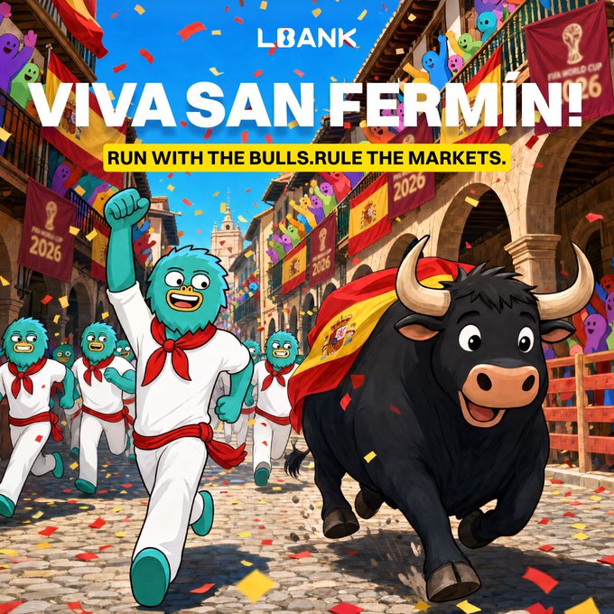 A vibrant cartoon illustration of the San Fermín festival features turquoise mascots in white shirts and red scarves running alongside a black bull draped in a Spanish flag, with bold text reading "LBANK," "VIVA SAN FERMIN!," and "RUN WITH THE BULLS. RULE THE MARKETS." The image ties into LBank's post by pairing the high-energy bull-run imagery with a message about seizing fast-moving market opportunities.