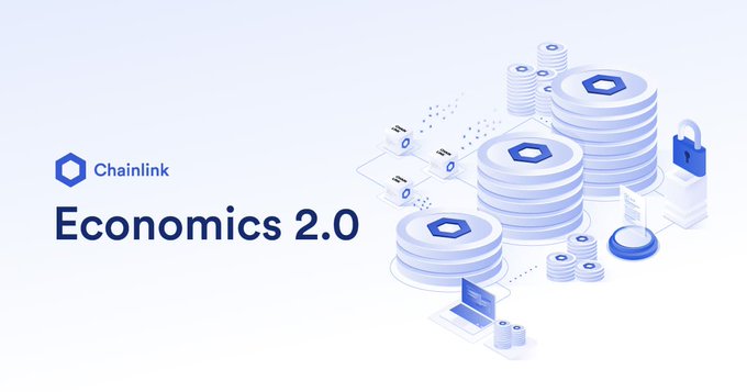 The image is a promotional graphic for "Chainlink Economics 2.0," featuring the Chainlink logo alongside a stylized illustration of blue and white servers, stacks of coins, and digital icons representing data connections. This visual directly supports the post's message about Chainlink's $LINK tokenomics improvements by highlighting the upgraded economic framework designed to enhance network incentives and value accrual.