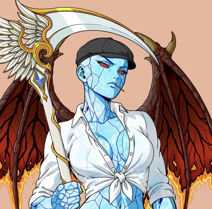 An anime-style illustration features a blue-skinned, cracked female character with red eyes, wearing a black cap and tied white shirt, with dark wings and flames behind her, holding a winged scythe.