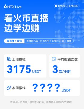 An HTX Live promotional graphic in Chinese about live streaming earnings, showing "3175 USDT" earned last week and "3" average earnings per hour, with question marks for this week.
