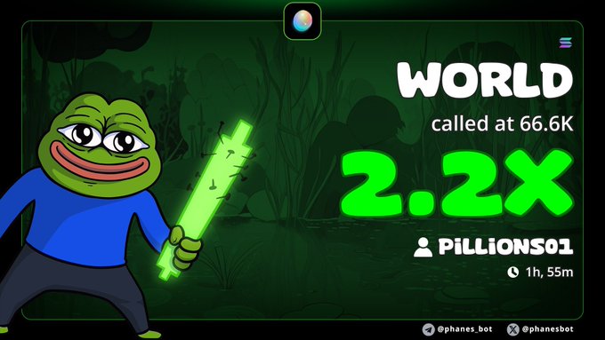 A promotional graphic featuring a Pepe the Frog meme holding a green glowing sword, with text 'WORLD called at 66.6K 2.2X PILLIONS01' and phanes.bot social handles.
