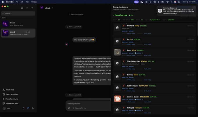 A dark-themed Claude AI desktop application interface showing a chat conversation with claude about Solana, alongside a 'Pump.fun tokens' panel listing various tokens with significant percentage gains including Trump2 ($3mp), Ice ($4.20), and Useless Clouda ($CLU).