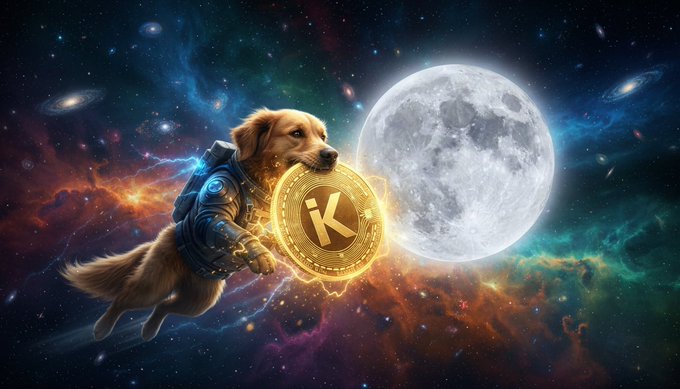 The image features a dog wearing a backpack, holding a golden coin with the letter "K" on it. The background of the image shows a large moon surrounded by colorful stars. The caption for the image reads, "THE NEXT SOLANA GEM IS ALMOST HERE! Get your wallets ready. KindBazaar is about to launch on Pump.fun! Pay to Support: Buy merchandise & fund global charity & stray dogs automatically!"