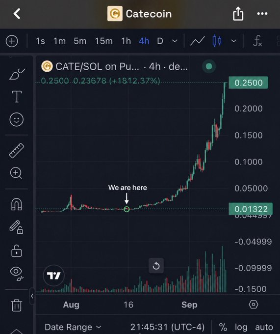 A TradingView chart of Catecoin (CATE/SOL) shows a dramatic price surge from 0.01322 to 0.25 SOL, marking a +1512.37% gain, with an annotation marking "We are here" at the base of the rally—visually suggesting the poster's bullish prediction for CATE has already started to play out.