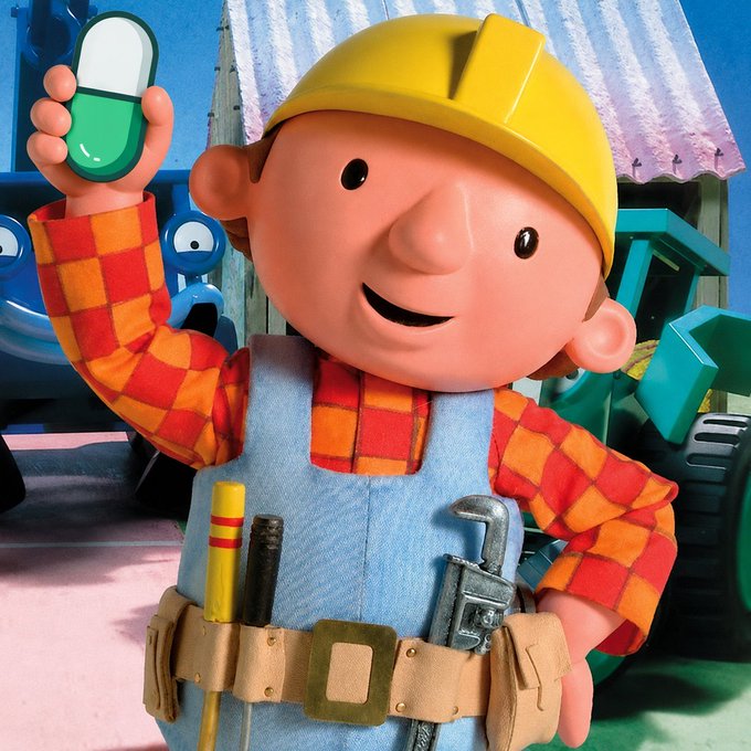 Bob the Builder proudly displays a green pill symbol, fitting the post's advice to "buy fear" rather than chase every green candle, as $BOB aims to fix the trenches with steady, contrarian value. The construction-themed image reinforces the idea of building through market dips rather than following hype.