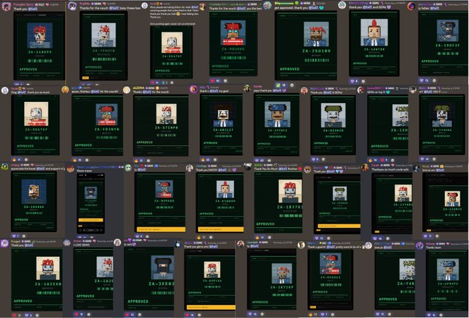 A grid of social media posts or digital certificates displaying pixel-art avatars of various characters, each labeled 'ZA-' followed by numbers and marked with a green 'APPROVED' status.