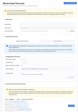 A setup screen titled "Bitcoin Asset Time Lock" featuring input fields for "Asset Name," "Asset Amount," "Lock Time," and "BTC Lock Address," along with an embedded SHA-256 hash transaction ID and a "Local Asset Time Lock Security Check" section.