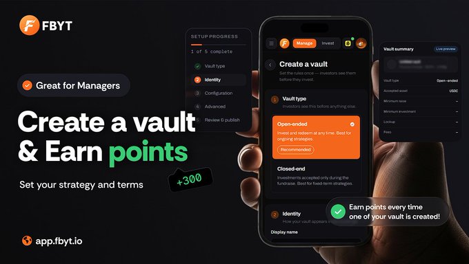 A promotional graphic for the FBYT app featuring the text 'Create a vault & Earn points' and 'Set your strategy and terms', showing mobile phone screens demonstrating the vault creation interface.