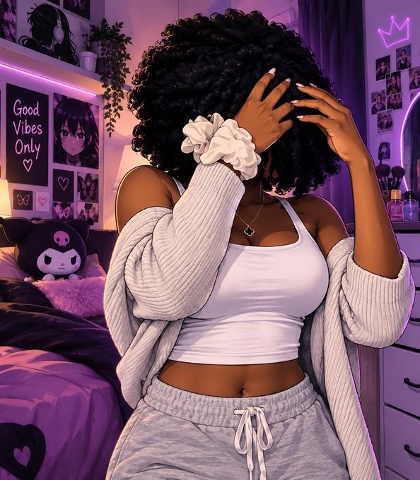 A digital illustration of a young woman with voluminous curly black hair covering her face, wearing a white tank top and gray sweatpants in a purple-lit bedroom decorated with anime posters and a 'Good Vibes Only' sign.