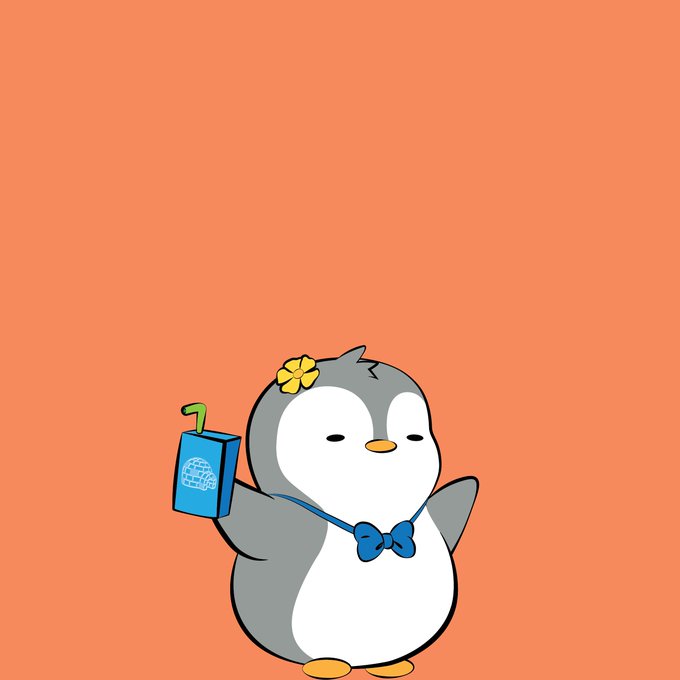 A cute cartoon penguin mascot with a yellow flower on its head, wearing a blue bowtie, holding a blue box with a globe logo and a green item, set against an orange background.