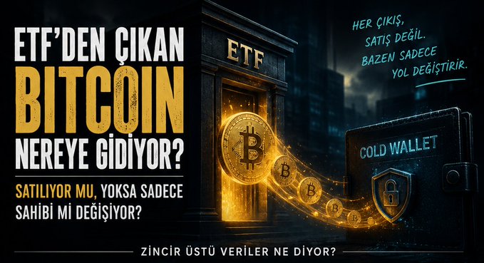 The image is a Turkish-language thumbnail about Bitcoin ETF flows, with text reading "ETF'DEN ÇIKAN BİTCOİN NEREYE GİDİYOR? SATILIYOR MU, YOKSA SAHİBİ Mİ DEĞİŞİYOR?" (meaning "Where is Bitcoin exiting from ETFs going? Is it being sold, or just changing owners?") alongside "HER ÇIKIŞ, SATIŞ DEĞİLDİR. BAZEN SADECE YOL DEĞİŞTİRİR" ("Every exit isn't a sale. Sometimes it just changes path"), "COLD WALLET," and "ZİNCİR ÜSTÜ VERİLER NE DİYOR?" ("What do on-chain data say?"). It visually depicts Bitcoin flowing from an ETF into a cold wallet, directly illustrating the post's argument that ETF outflows don't necessarily mean selling pressure, but rather