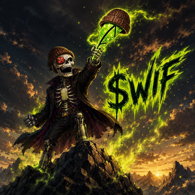 Digital artwork features a skeleton character wearing a beanie and trench coat holding a glowing green basket, with the stylized text '$WIF' against a dark, cloudy sky.