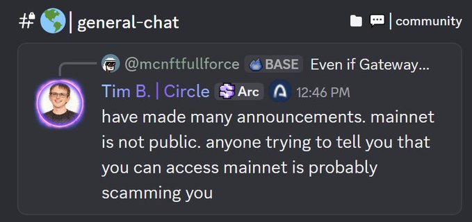 A Discord message from "Tim B. | Circle" alerts users that "mainnet is not public" and accuses anyone claiming otherwise of scamming. The image directly supports the post's warning about scams by showing the alert within the "general-chat" channel of a community.