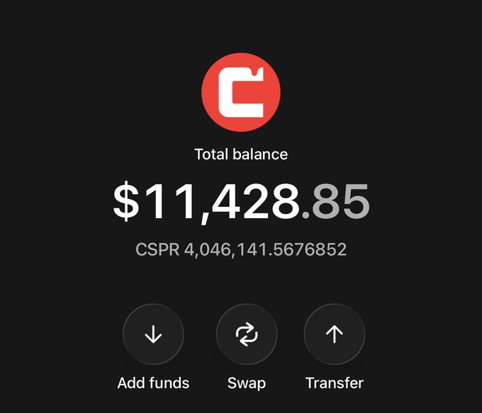 A crypto wallet interface showing a total balance of $11,428.85 USD or 4,046,141.5676852 CSPR tokens, with options to Add funds, Swap, or Transfer.