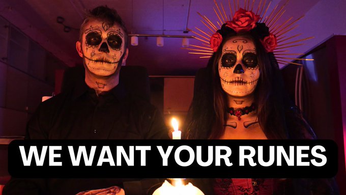The image features two people dressed up as skeletons, with one person wearing a black shirt and the other wearing a black dress. They are standing next to each other, and there's a candle between them that says "we want your ruins". The background of the image is dark, which contrasts with the white text on the post.