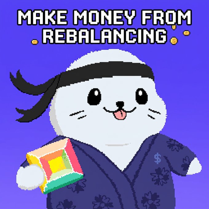 A pixel art illustration of a seal character wearing a black headband and blue robe holding a colorful Rubik's cube, with the text 'MAKE MONEY FROM REBALANCING'.