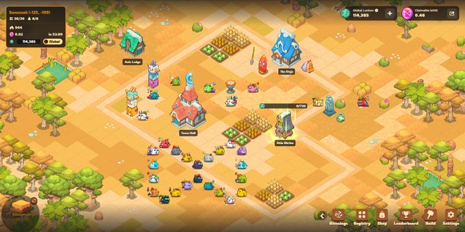 An isometric pixel-art video game scene labeled 'Savannah [-125,-100]' shows a colorful village with characters, crops, and buildings including a 'Train Station' and 'Pet Page', with player stats (LV 21, 30,739 / 14,989) at 50.61 progress.